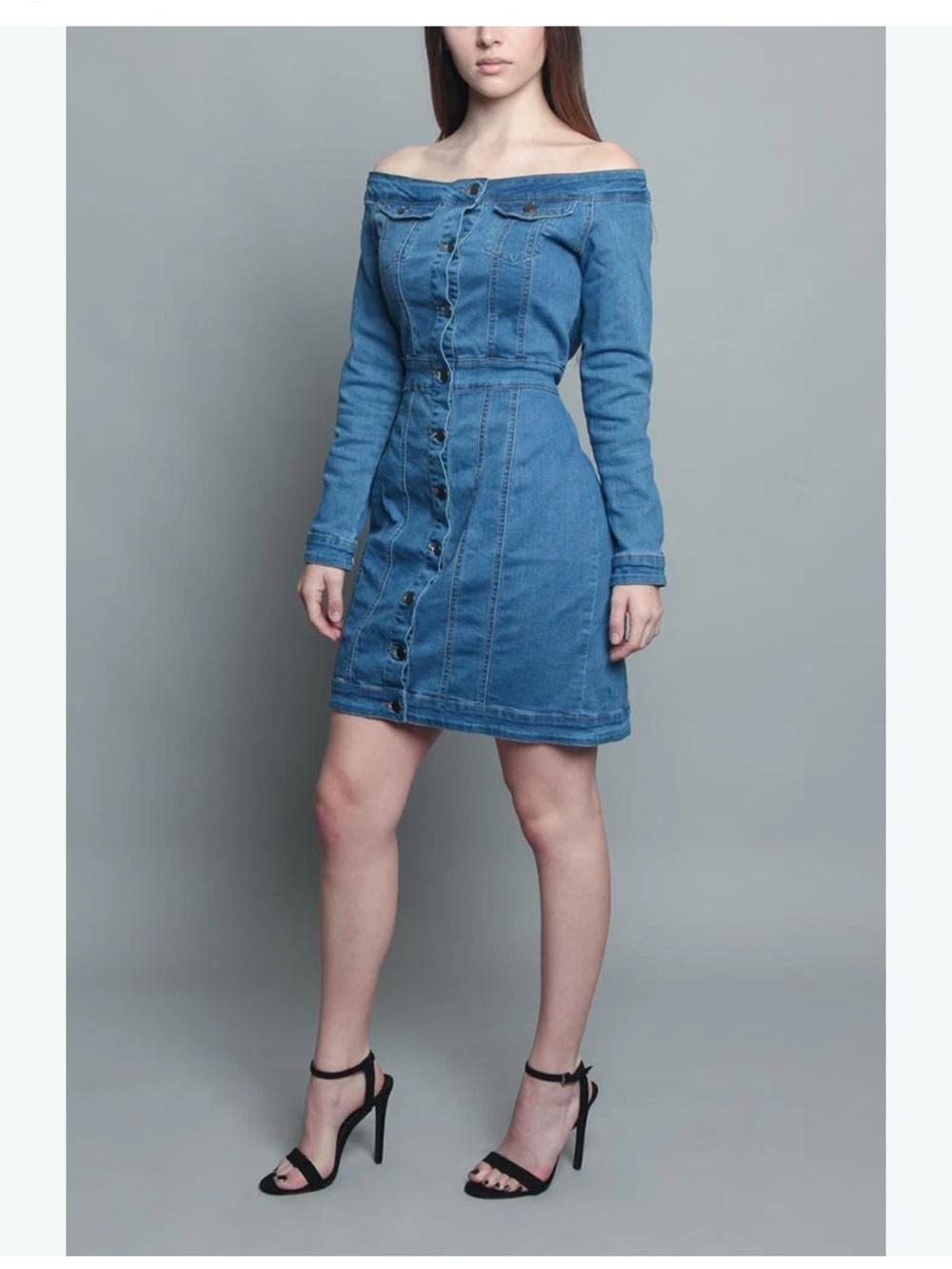 NWT Denim Off-Shoulder Button-Front Dress - Blue